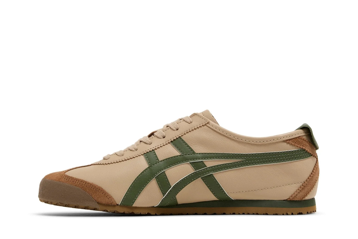 Tênis casual bege com detalhes verdes e marrons, estilo retrô, sola de borracha.