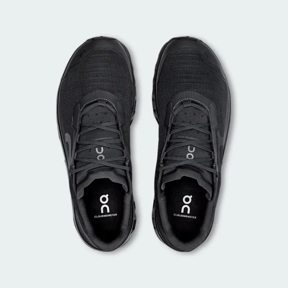 Tênis On Running Cloudmonster masculino preto, vista superior, design esportivo premium