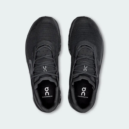 Tênis On Running Cloudmonster masculino preto, vista superior, design esportivo premium