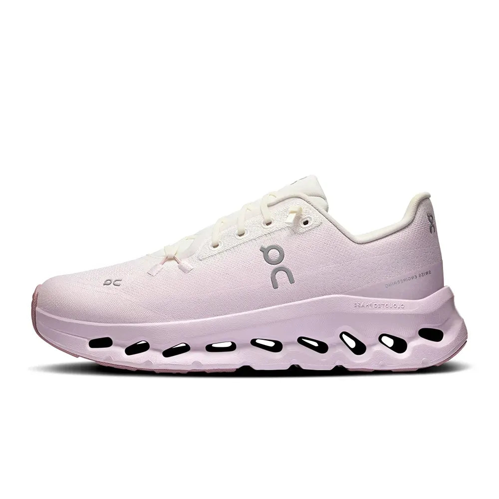 Tênis esportivo branco com sola rosa e design moderno, sneaker premium On Running