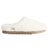 Chinelo branco de pelúcia com sola de borracha marrom, visual confortável e moderno.
