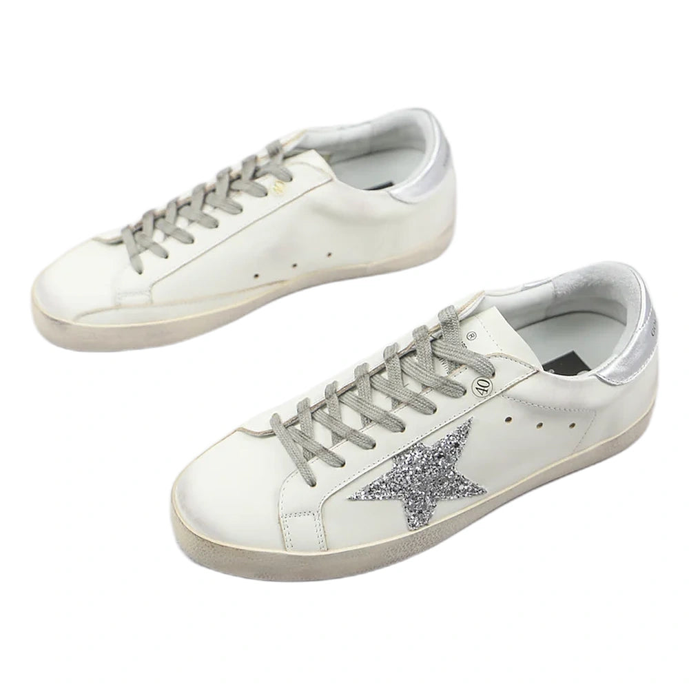 Tênis Golden Goose Super-Star com Estrela de Cristal Prateada White