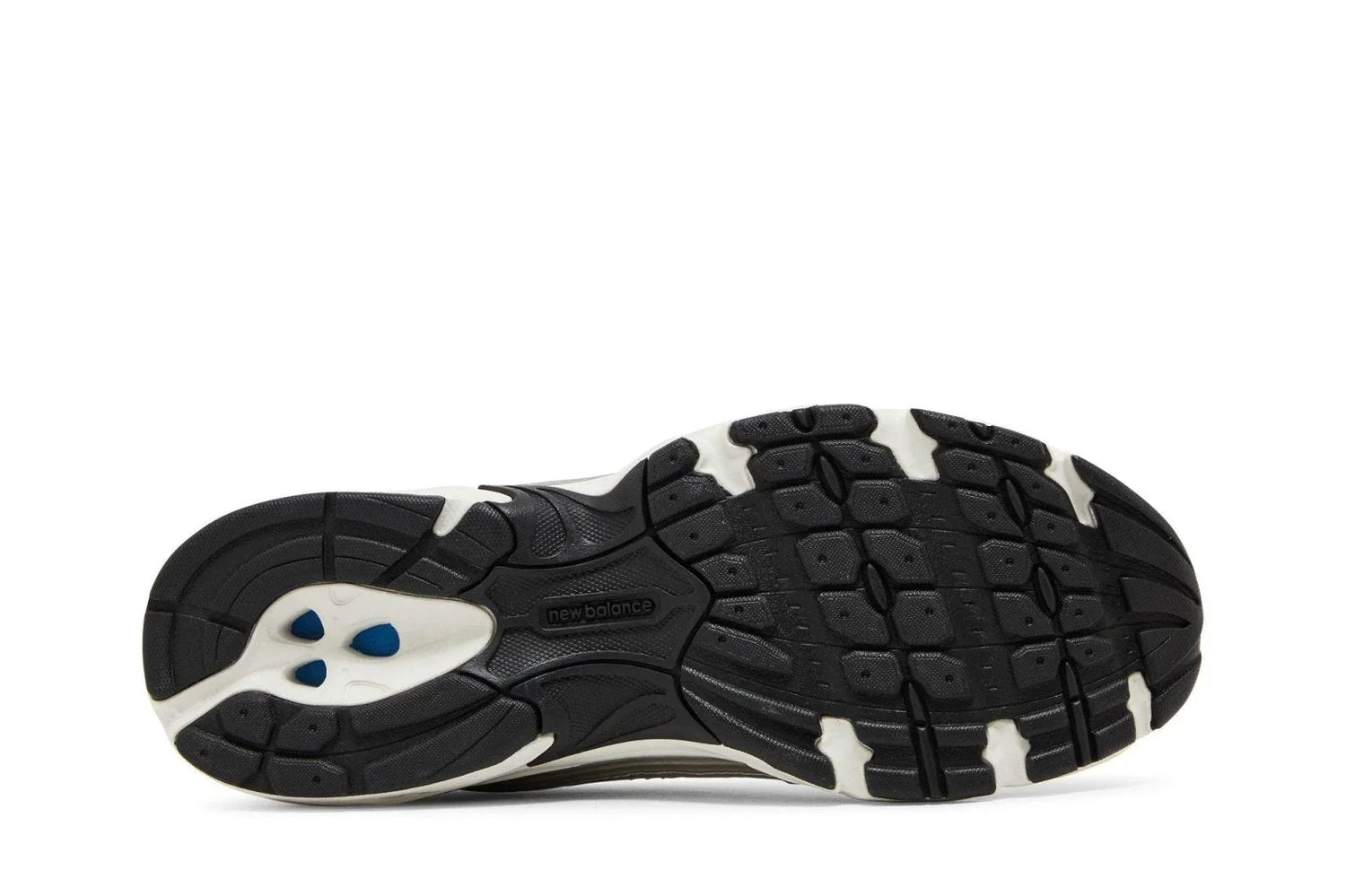Solado de tênis esportivo preto com detalhes em branco e azul, textura antiderrapante