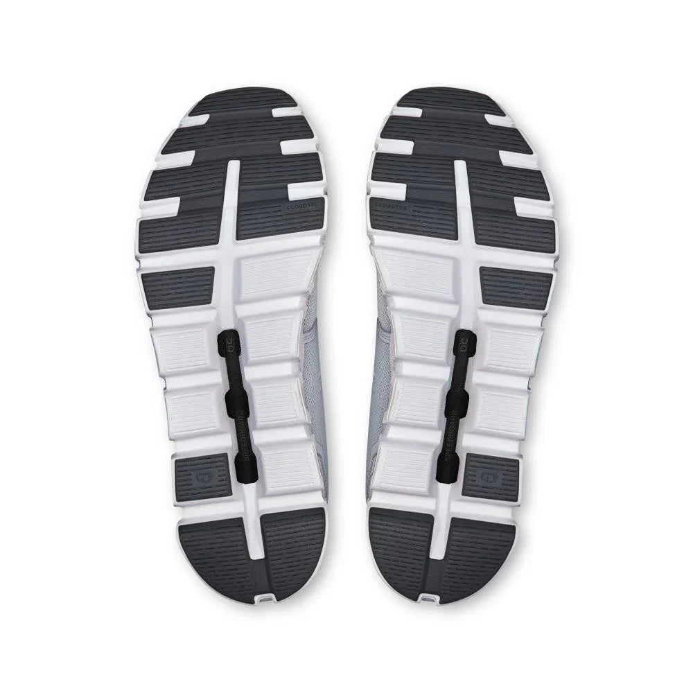 Solado do tênis esportivo cinza On Running Cloud 6 com detalhes em preto e branco.