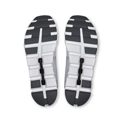 Solado do tênis esportivo cinza On Running Cloud 6 com detalhes em preto e branco.