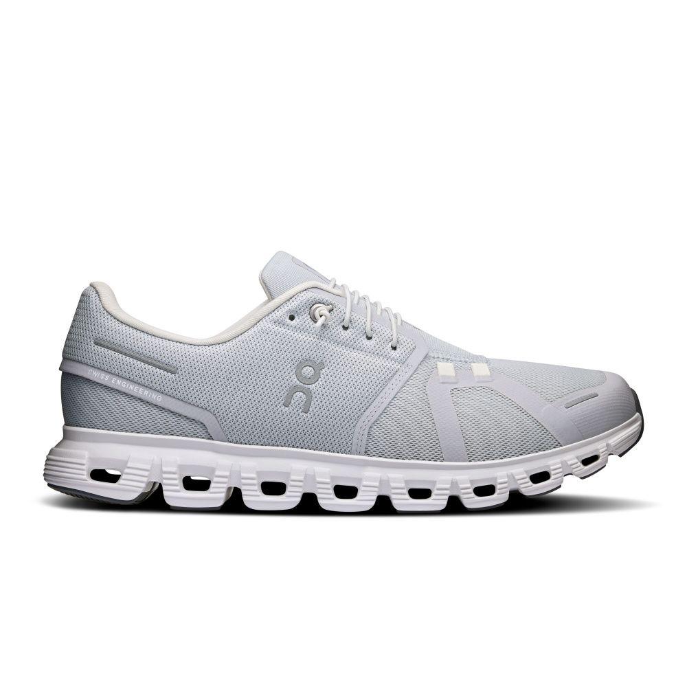 Tênis masculino de corrida cinza On Running Cloud 6 com solado vazado e design moderno