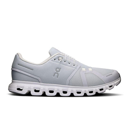 Tênis masculino de corrida cinza On Running Cloud 6 com solado vazado e design moderno