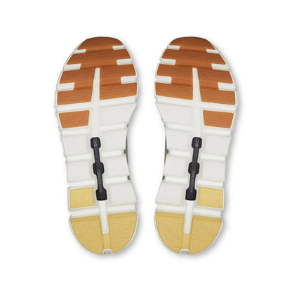 Solado de tênis esportivo On Running Cloud 6 Versa com detalhes em laranja, branco e amarelo.