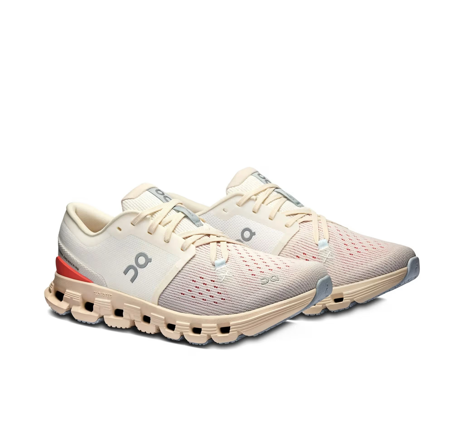 Tênis esportivo branco e salmão com sola tecnológica e detalhes ventilados, perfil lateral.