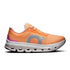 Tênis esportivo laranja com detalhes cinza e sola branca, design moderno e leve para corrida.