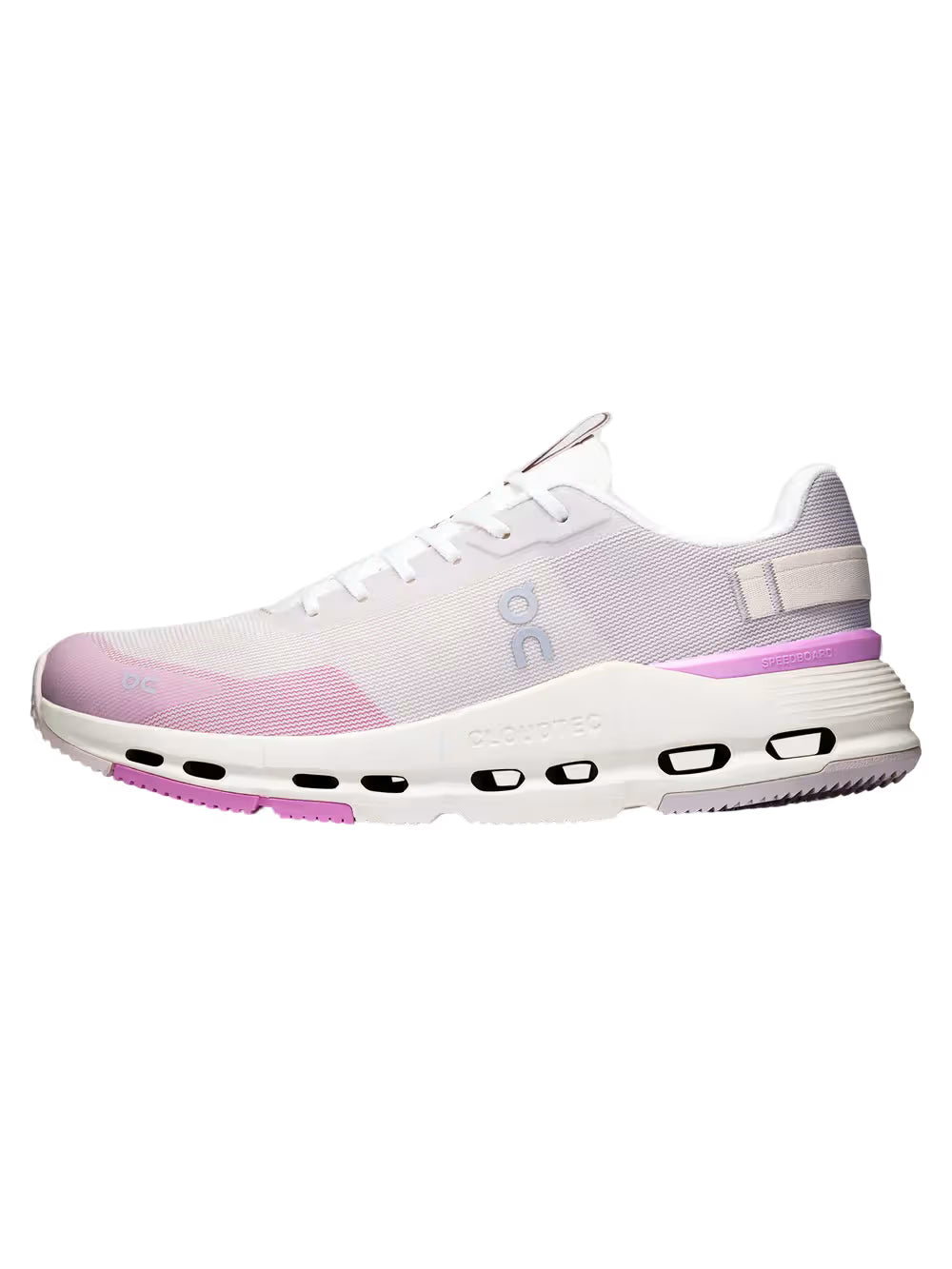 Tênis branco com detalhes rosa, sola robusta, design moderno e respirável, lateral esquerda.