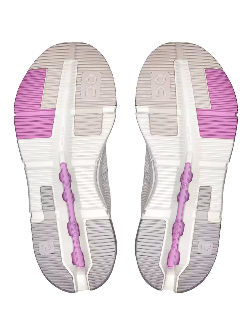 Solado de tênis branco com detalhes rosa e cinza, padrão esportivo moderno.