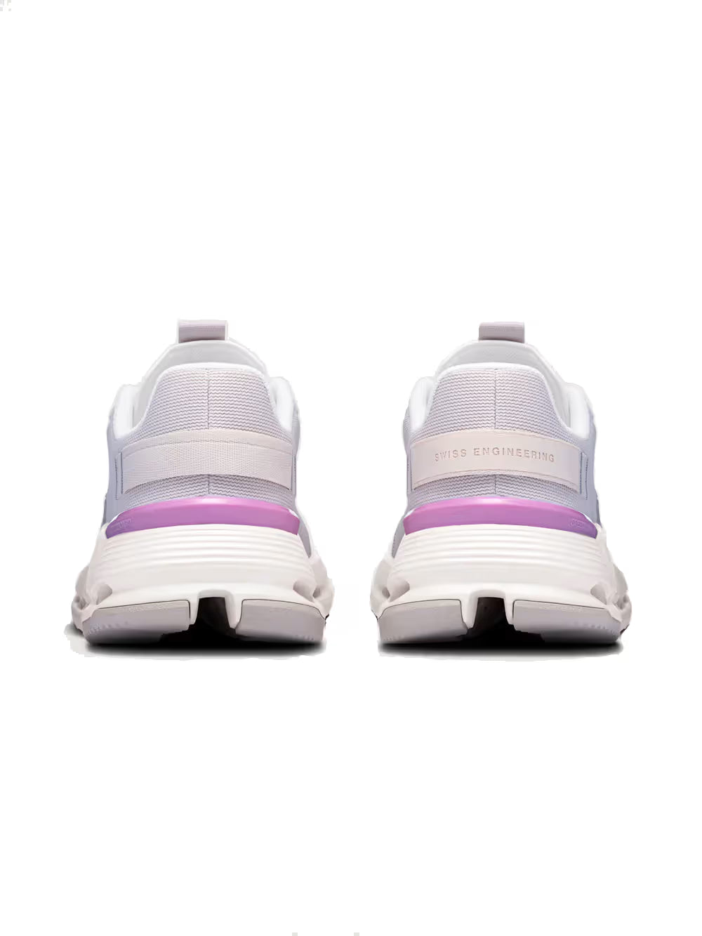 Tênis esportivo branco e rosa visto de trás, com sola robusta e detalhes de malha.