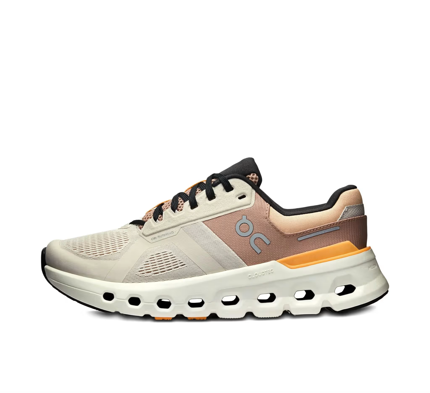 Tênis esportivo bege e laranja lateral, solado com furos, design moderno, leveza e conforto