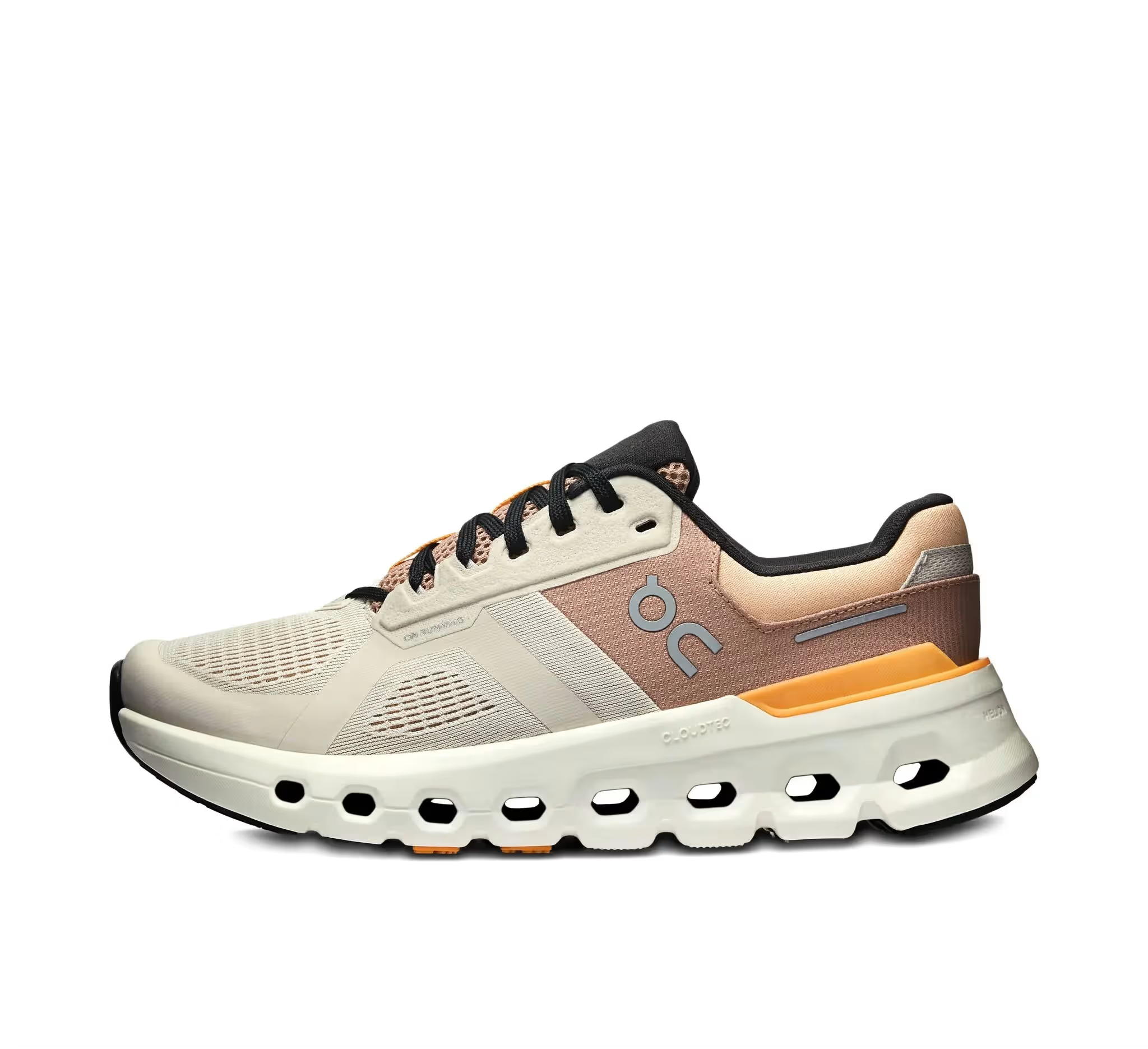 Tênis esportivo bege e laranja lateral, solado com furos, design moderno, leveza e conforto