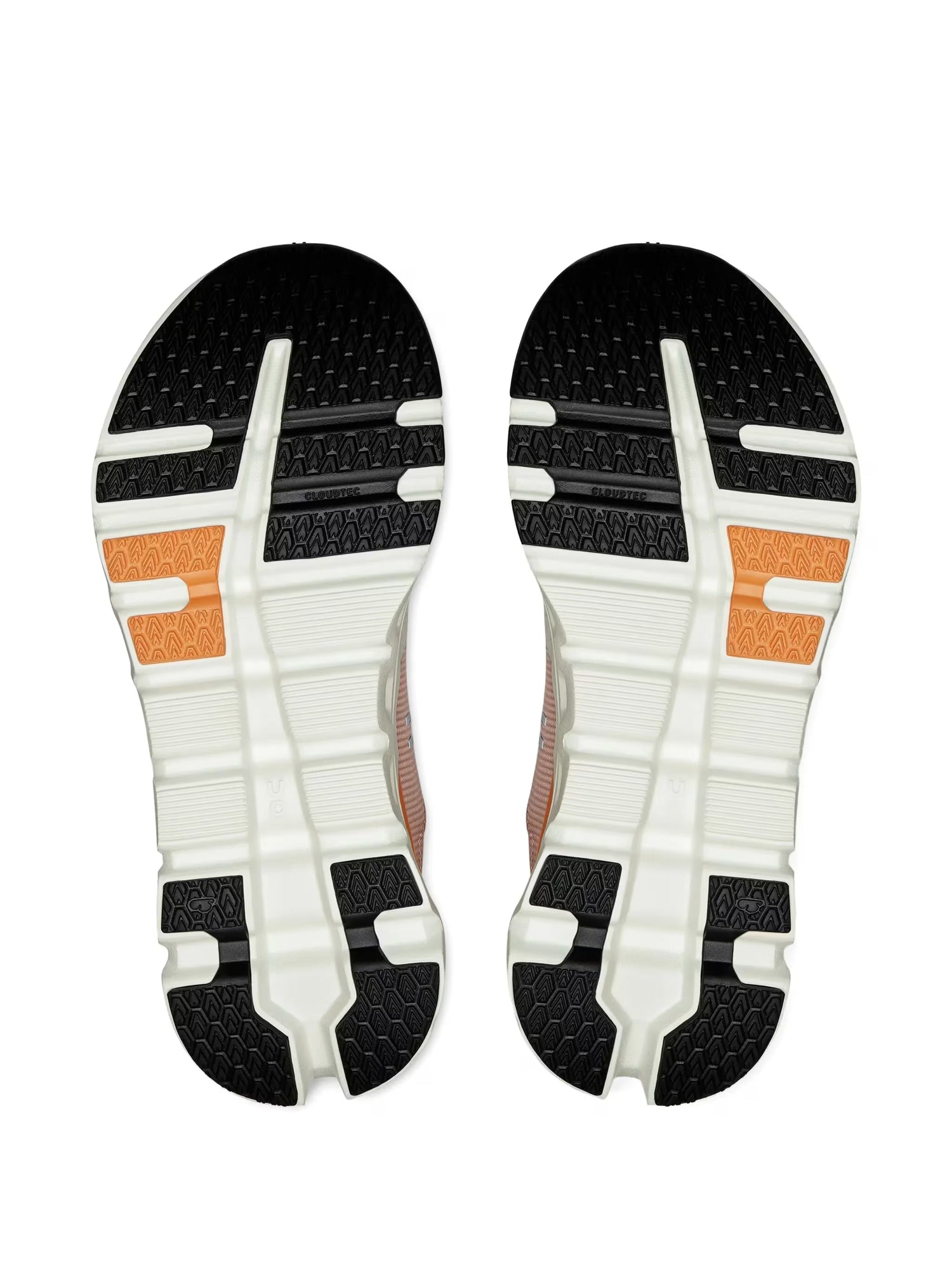 Solado de tênis On Running Cloudrunner 2 com detalhes em preto, branco e laranja, esculpido para tração.