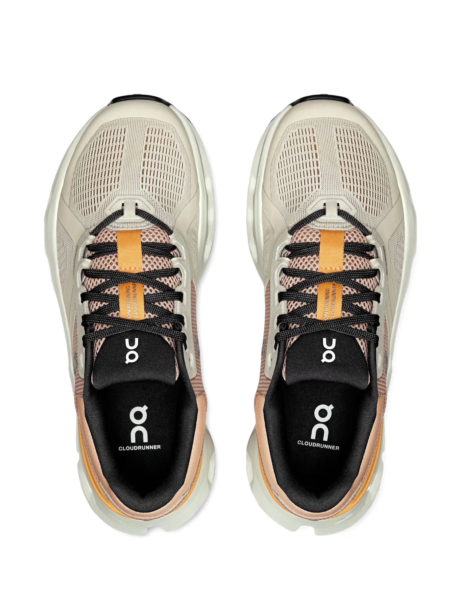 Tênis esportivo bege com detalhes laranja e preta, visto de cima, modelo Cloudrunner 2.