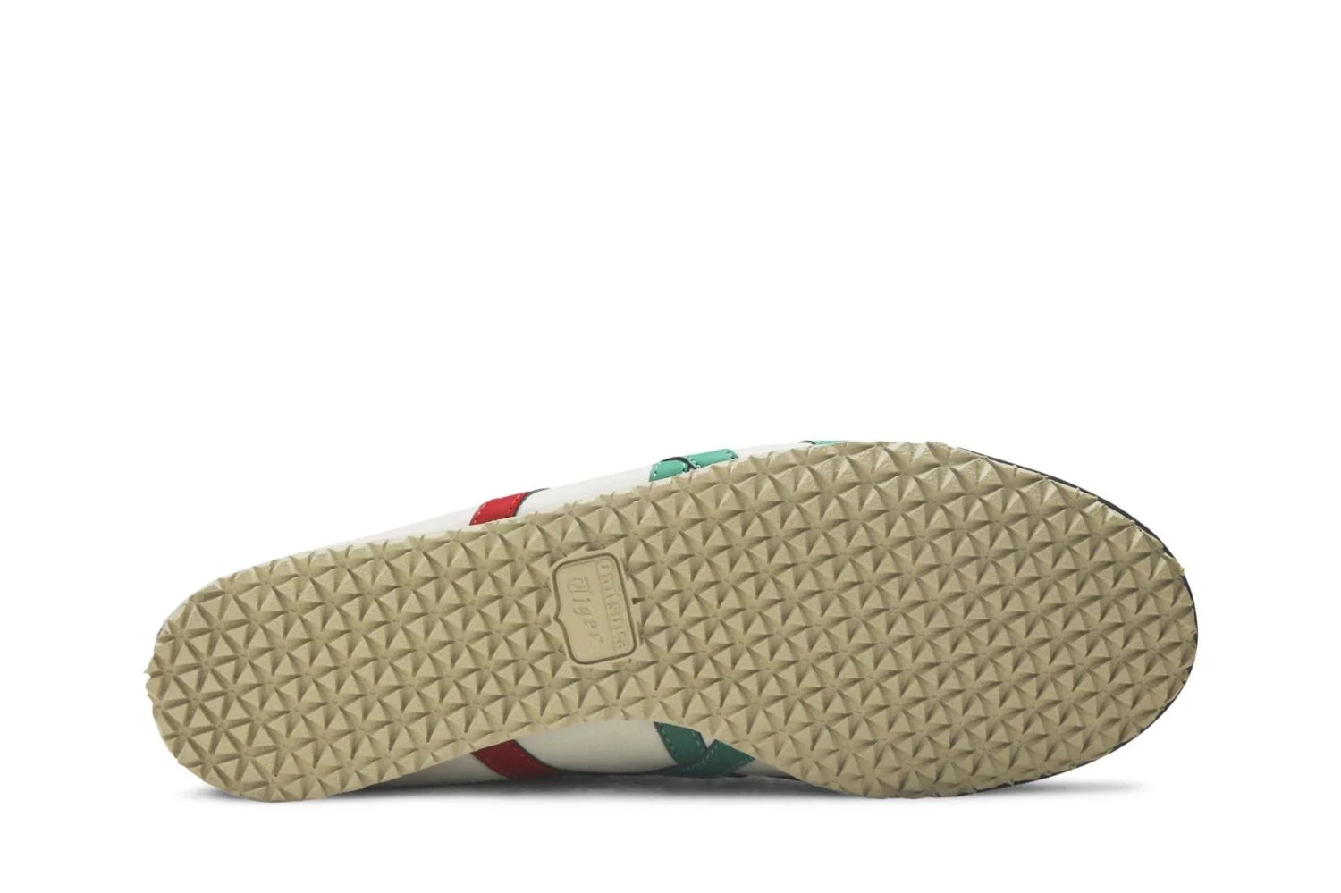 Solado de tênis casual branco com detalhes em verde e vermelho, textura antiderrapante.